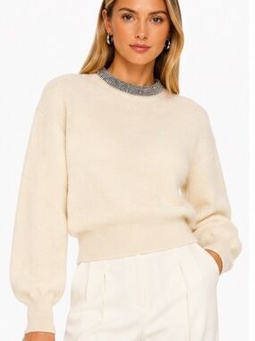 Luxury Cream Wool Cashmere Sweater Crystal Chain Collar Size M
